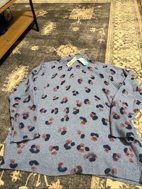 NIC+ZOE Blue Leopard-Spot Turtleneck Sweater with Navy and Rust Accents